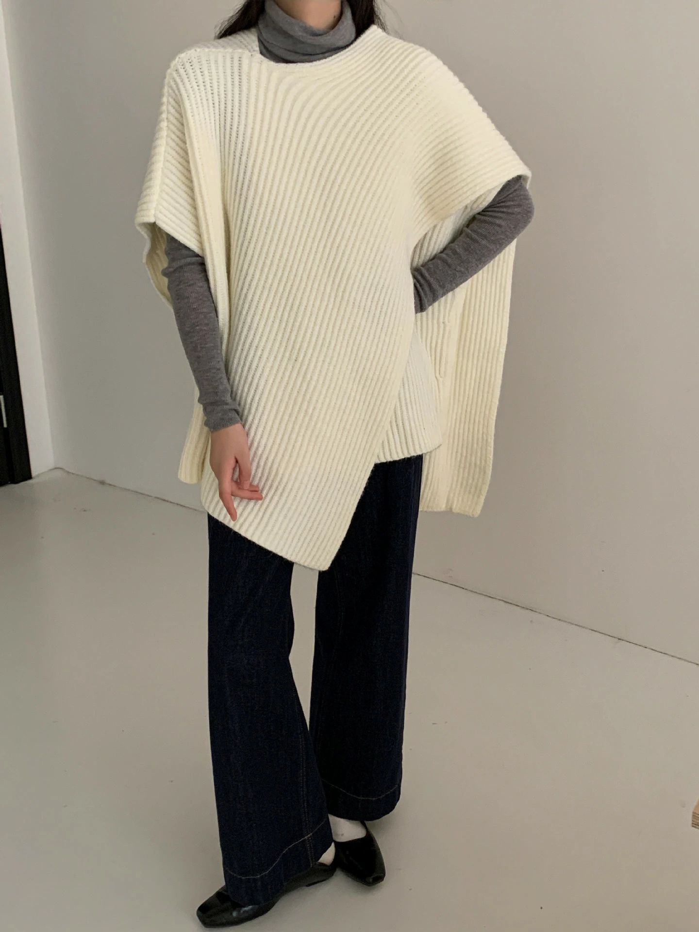 ニット ニット タートルネック 春秋 前後差 プチハイネック 重ね着風 レイヤード ベスト ニットベスト ニットトップス ド ベスト