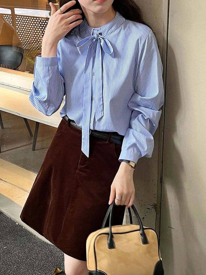 シャツブラウス レディース ストライプ柄シャツ ショー ストライプ柄 ブラウス 長袖 ボウタイブラウス 春夏 プルオーバー シャツ