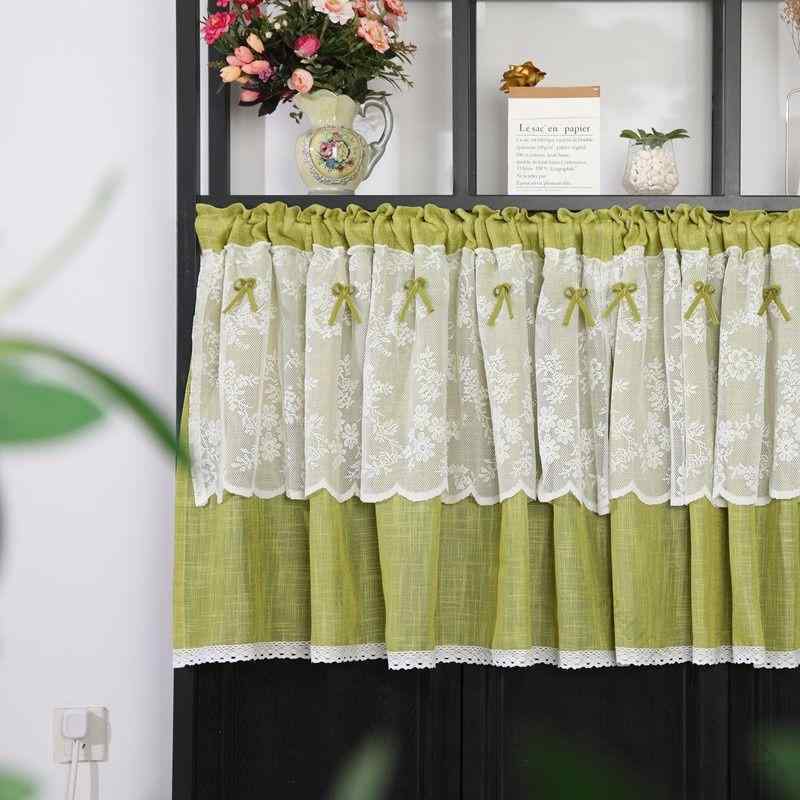 ポール通し リネン風 ハーフ丈 カフェカーテン アメリカンカントリー レース カーテン グリーン シアー 突っ張り 北欧風 目隠し