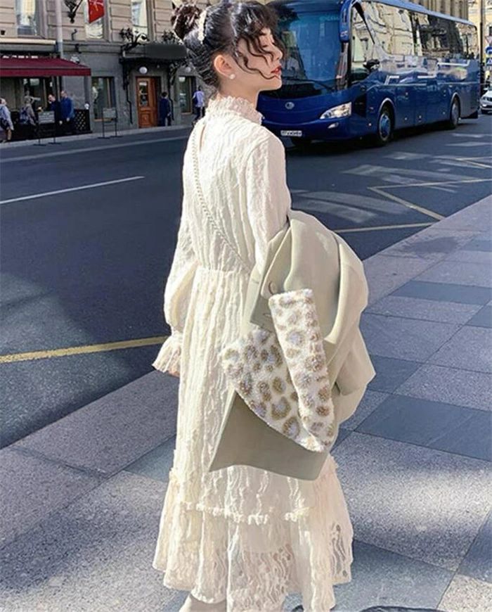 きれいめ Aライン 長袖 ロングドレス ワ おしゃれ 華やか レース フォーマル 白ワ...