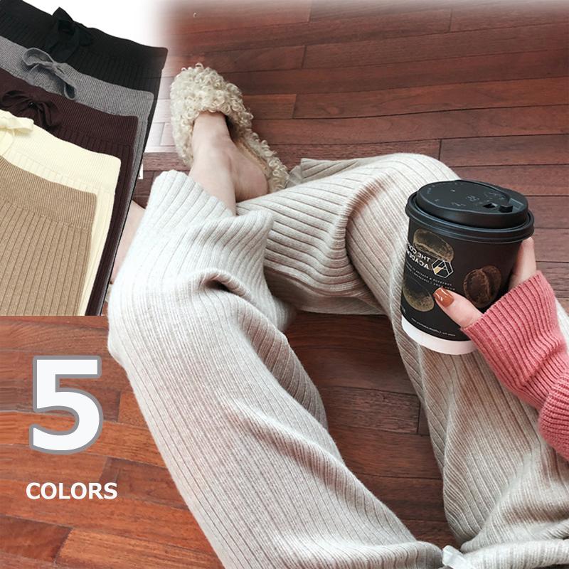 ボトム 秋 レディース ニットパンツ 暖かい 楽ちん 春 ガウチョ リブニットワイドパンツ 冬 ゆるパンツ リラックス ウエストゴム