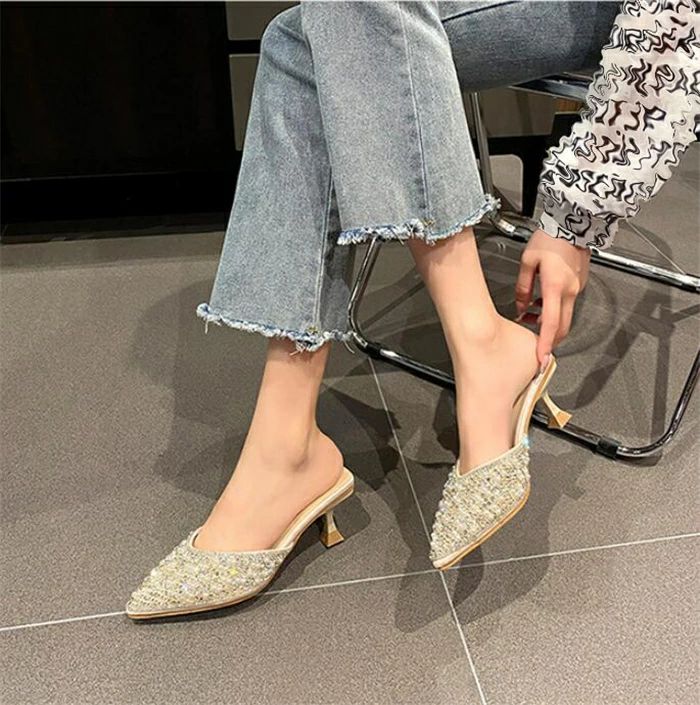 パンプス スリッ ミドルヒール レディース フォーマル ポインテッドトゥ ミュール ミュールパンプス オフィスサンダル Vカット