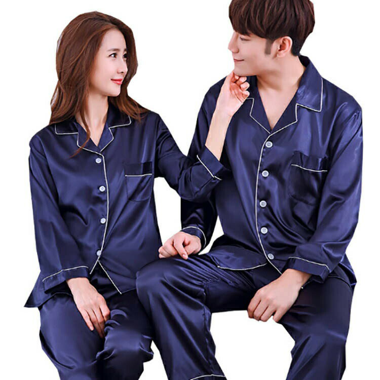 Rakuten - 春夏秋冬 長袖 シャツパジャマ ランジェリー 襟付き レディース/メンズ パジャマ 前開き サテン 男女上下セット