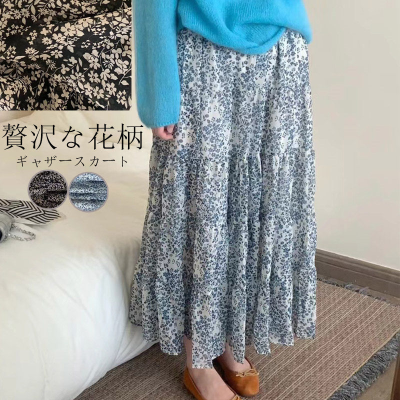 夏 スカート フラワープリント 花柄スカート ロングスカート ミモレ丈 フレアスカート ウエストゴム 春..