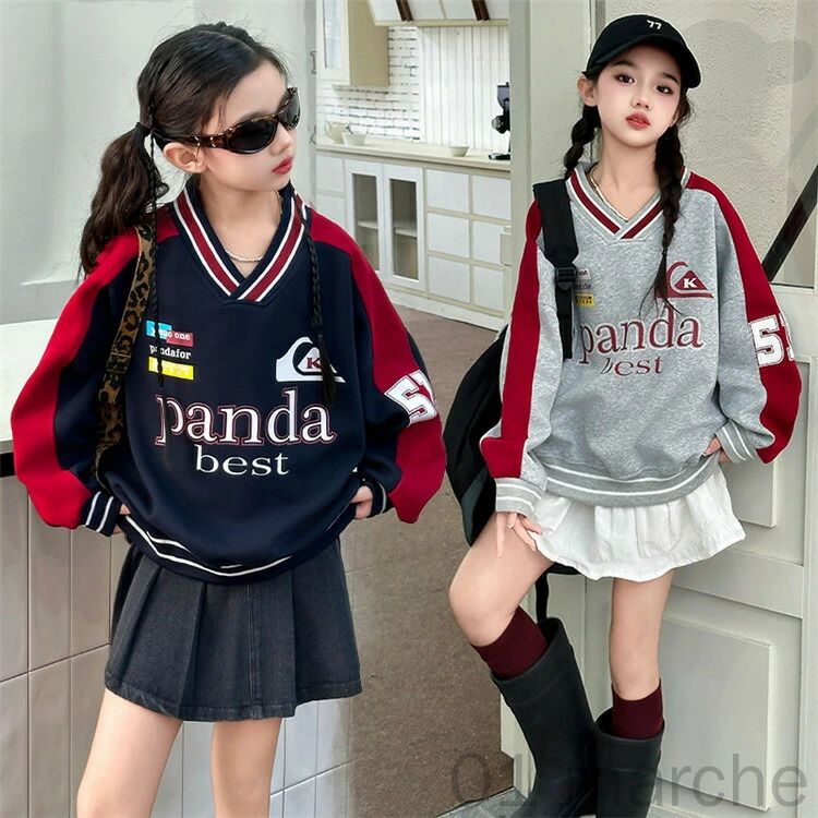 韓国子供服 ダンス衣装 韓国 ネイビー 女の子 Vネック トレーナー グレー KPOP Y2K ダボダボ 可愛い スウェット ヒップホップ ガ(4)