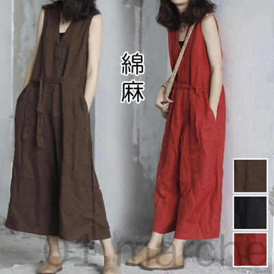 Vネック パンツ 夏 綿 サロペット ロ ワイドパンツ コットン 麻 ジャンプスーツ ノースリーブ リネン オールインワン レディース