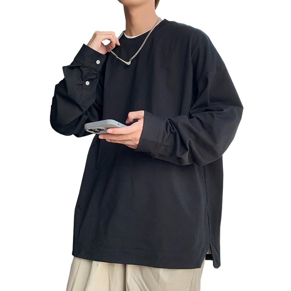 ュアル おしゃれ 大きいサイズ トレーナー ゆったり 無地 メンズ ロングtシャツ ファッショ メンズ ビッグ 丸襟 シルエット 長袖