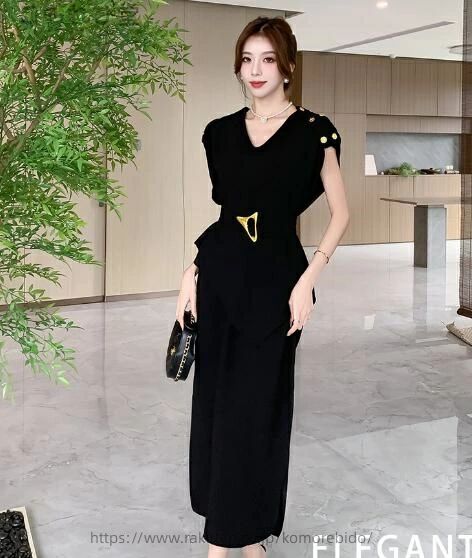 おしゃれ きれいめ ベルト付き お呼ばれ キレイめ 上品 Vネック 膝下 謝恩 ロング丈 着痩せ 同窓会 ワ..