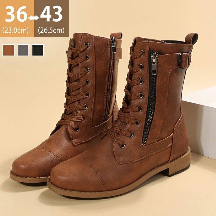 歩きやす 3cm サイドジップ 裏起毛 ローヒール 冬秋ブーツ ミドルブーツ レースアップ ワークブーツ 温か 厚底 編み上げ ブーツ