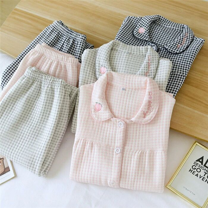 冬 部屋着 寝間着 秋 丸襟 刺繍 長袖 レディース セットアップ 春 綿 2点セット 可愛い チェック柄 寝巻 ルームウェア パジャマ