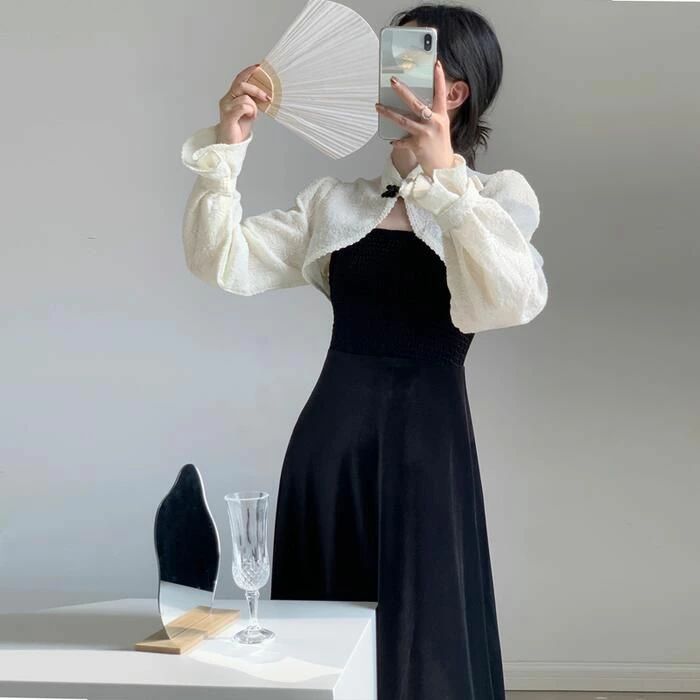 フェミニン ワンピース ボレロ 【送料無料】カジュアル 2点セット ミモレ丈 きれいめ チャイナ風 長袖 セットアッ カーディガン