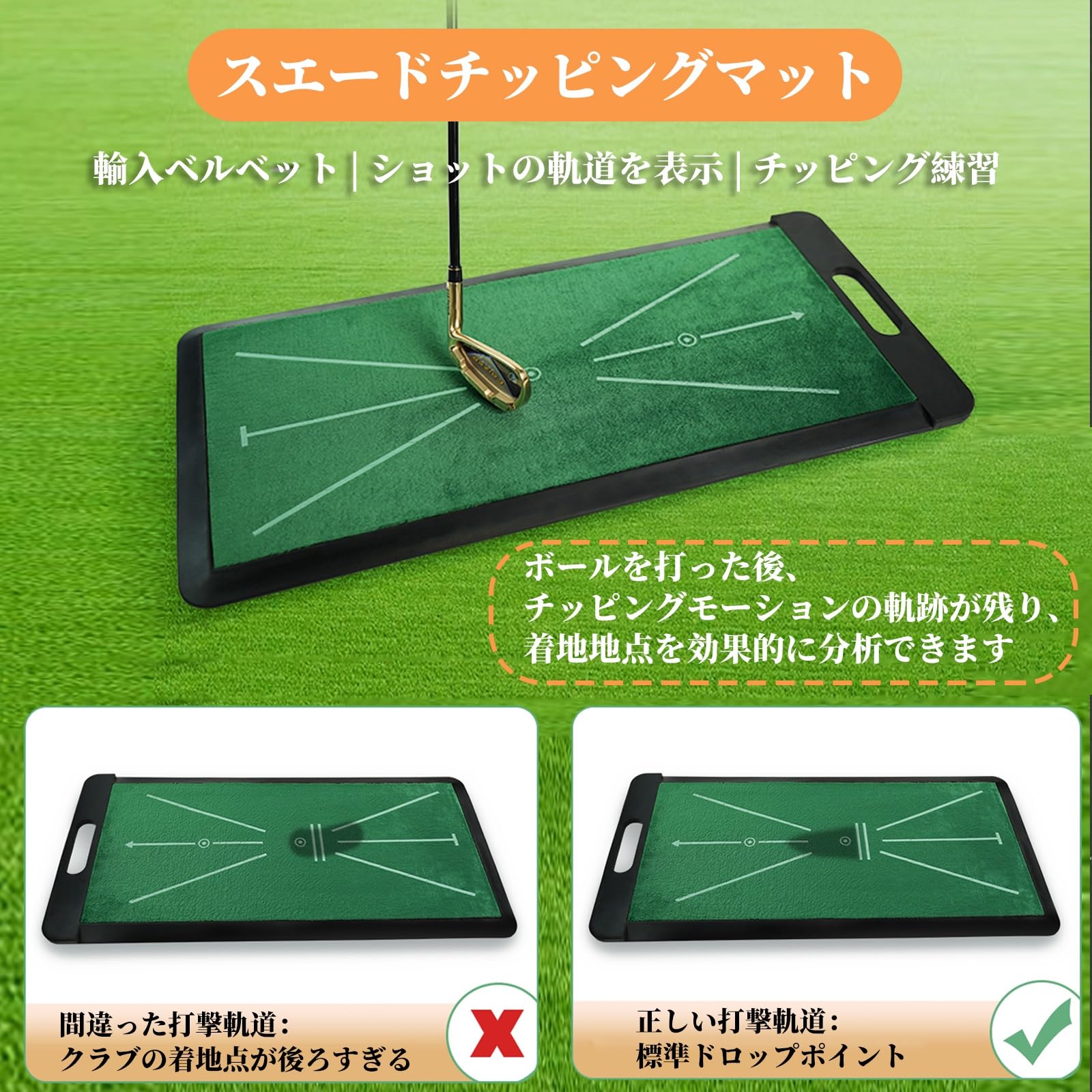 KOMUGIのゴルフマット 跡がつく ゴルフ練習マット パター 自宅練習 ゴルフ用品 ベルベットの屋内厚手打撃練習用ブランケット 打撃トラックの表示 便利な手持ちデザイン 高さ3mmのベルベット 滑り止めゴムシャーシ｜アングル3