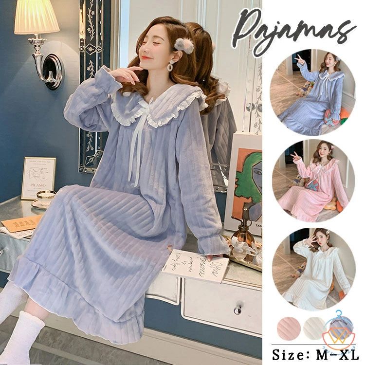 パジャマ レディース レース フラノ ルームウェア ルー フリル 寝スカート可愛い フランネル 長袖 パジャマ 春秋冬 ワンピース