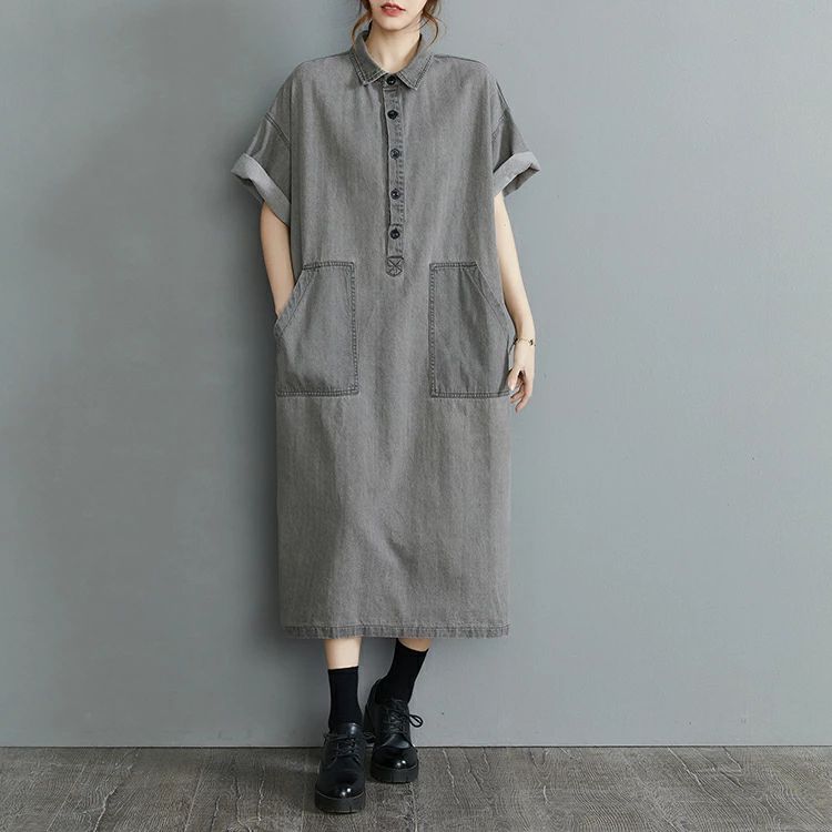 ドロップショルダー 羽織 コットンデニム レディース ミモレ丈 配色 半袖 綿100％ ステッチ デニムワン..