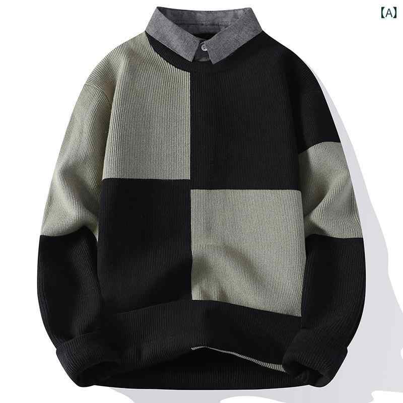 シンプル セーター 男性用 コントラストカラー ファッション メンズ 秋冬コーデ 大人 チェック柄 服 か..