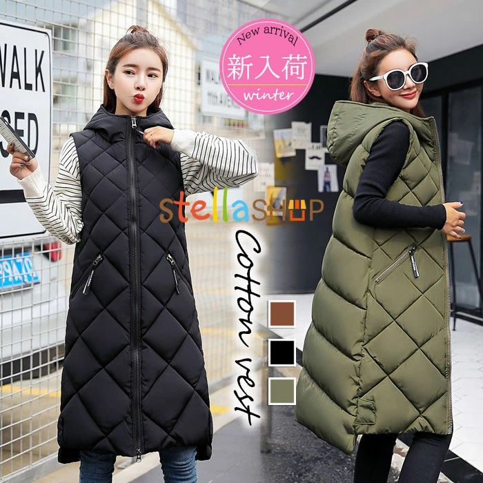 ベスト 中綿ダウンベスト レディース キルティングコート 中綿ベストジャケット ロング丈 秋冬 40代 カジュアル フード連れコート 細身アウター 大きいサイズ(4)