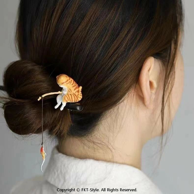 アップヘア 女性 かわいい モダン 普段使い かんざし 黒檀木 個性的 釣り猫 レディース ガーリー シン..