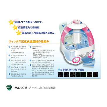 気化式加湿器（ピンク）星のプロジェクター付 ヴィックス タンク容量4L VICS 加湿 保湿 省電力 Kaz MODEL V3700M