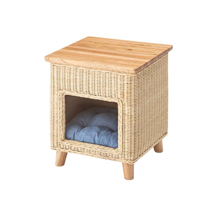 【北海道・沖縄・離島配送不可】【代引不可】ペットスツール ペット スツール キャットハウス スクエア ラタン 天然木 ペットハウス クッション付き 椅子型ペット...