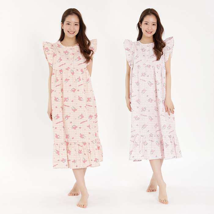 ワンピース チェック マイメロ フリルワンピース レディースサイズ サンリオ 半袖 寝巻 パジャマ 部屋着 ルームウエア サザック SAN-1482