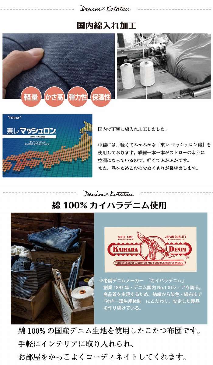 【沖縄・離島配送不可】【代引不可】こたつ布団 デニム ネイビー 190×240cm 長方形 105～120cmx70～80cm こたつ台対応 デニムカラー 電気代節約 おしゃれ IKEHIKO 1160590190903 [3]