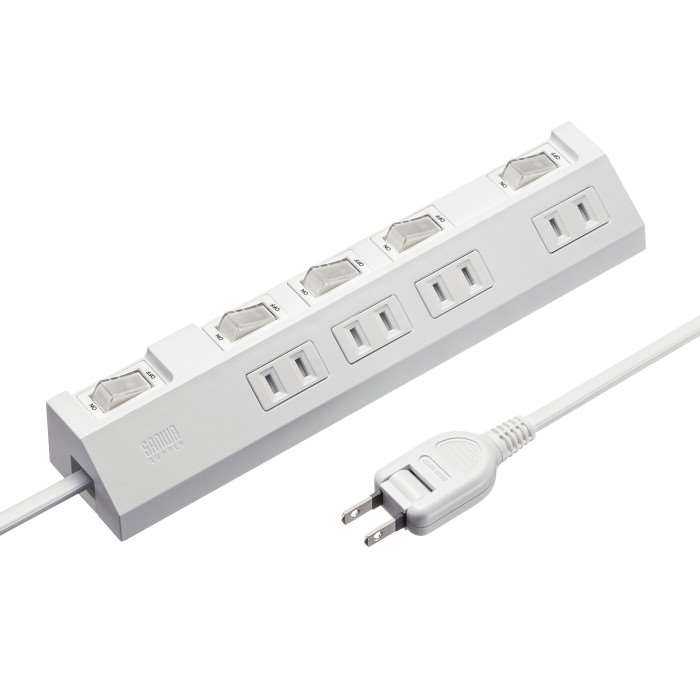 【代引不可】節電タップ 差込口形状2P 4個口 2m ホワイト コンセント 電源タップ AC雷ガード 個別スイッチ スイングプラグ サンワサプライ TAP-S29-2W