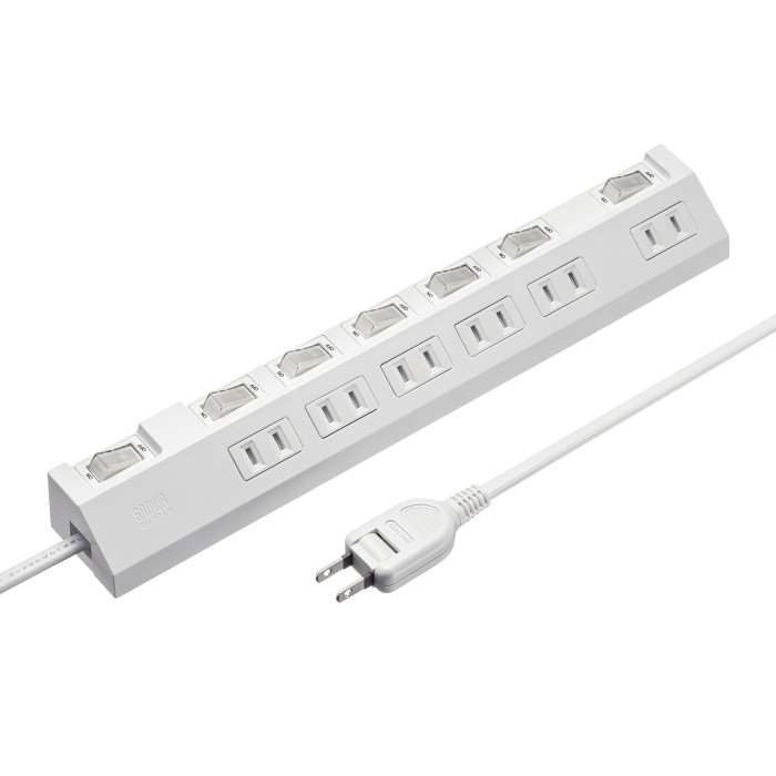 【代引不可】節電タップ 差込口形状2P 6個口 2m ホワイト コンセント 電源タップ AC雷ガード 個別スイッチ スイングプラグ サンワサプライ TAP-S30-2W