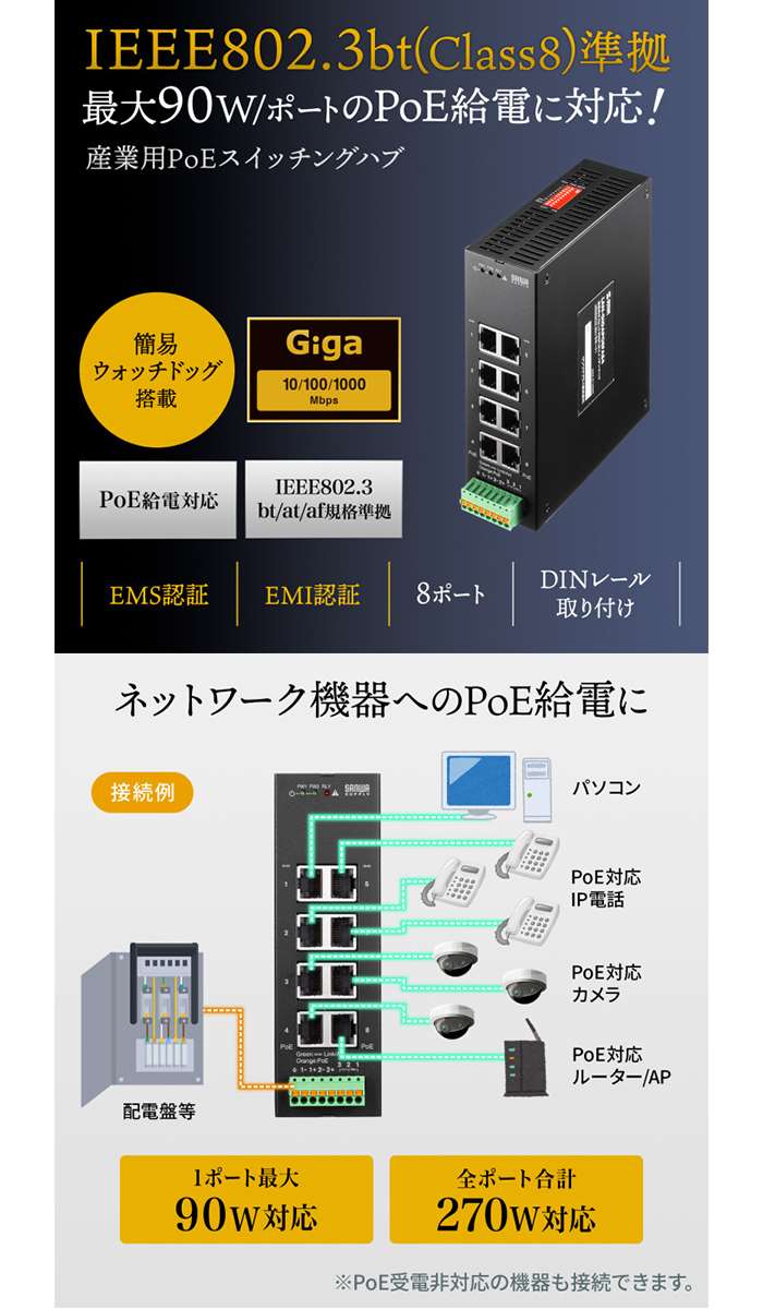 【沖縄・離島配送不可】【代引不可】産業用ギガビット対応PoEスイッチングハブ IEEE802.3bt 8ポート 静音 サンワサプライ LAN-GIGAPOEFA84
