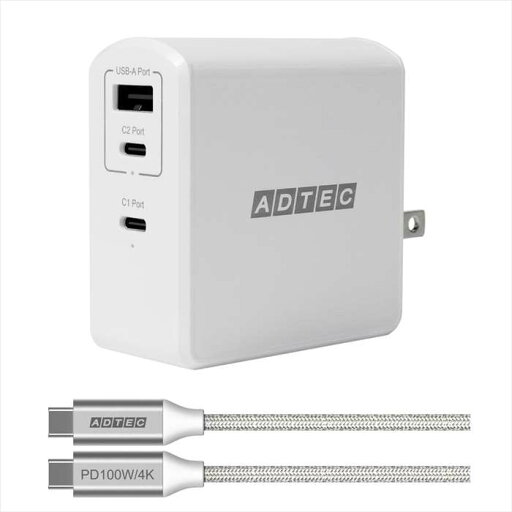 Power Delivery対応 GaN AC充電器 最大105W Type-A x1 Type-C x2 Type-C 1mホワイトケーブルセット ADTEC APD-A105AC2-WH-CU3G2 Power Delivery対応 GaN AC充電器 最大105W Type-A x1 Type-C x2 Type-C 1mホワイトケーブルセット ADTEC APD-A105AC2-WH-CU3G2