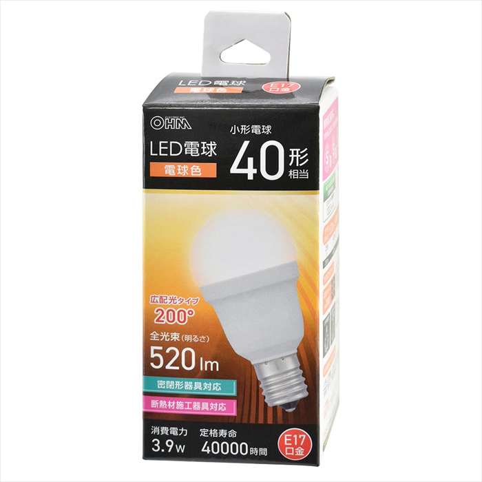 LED電球 小形（40形相当/電球色/520 lm/3.9W/E17/Ra83/広配光200°/密閉形器具対応/断熱材施工器具対応） OHM LDA4L-G-E17 IS53