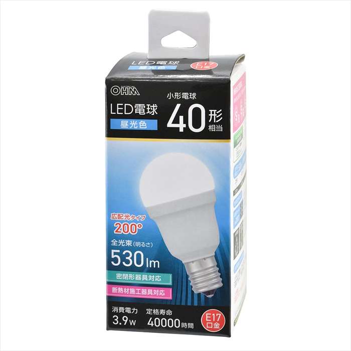 SEARCH WORD：LED電球 小形 LED電球 LED 電球 ライト ランプ 交換用 交換電球 替え 照明 明かり 40形相当 昼光色 530 lm 3.9W E17 Ra83 広配光200° 密閉形器具対応 断熱材施工器具対応 商品概要：全光束530ルーメン、小形電球40形相当の明るさ。光の広がり約200°の広配光タイプ。密閉形器具対応。断熱材施工器具対応。省エネ法2027年度目標基準達成。E17口金。昼光色。5年保証対象商品。商品仕様：■メーカー：OHM■JANコード：4971275654747■商品名：LED電球 小形（40形相当/昼光色/530 lm/3.9W/E17/Ra83/広配光200°/密閉形器具対応/断熱材施工器具対応）■型番：LDA4D-G-E17 IS53■仕様：■屋内用（屋外使用禁止）交流電源100V 50/60Hz共用■寸法：全長…78mm、最大径38mm■質量：34g■定格消費電力：3.9W■全光束：530 lm■エネルギー消費効率：135.8 lm/W■平均演色評価数：Ra83■定格寿命：40000h【ご注意】※次のような器具には使用できません。・調光機能のついた器具（100%点灯でも使用不可）・誘導灯、非常用照明器具・HIDランプ器具、水銀灯器具・直流電源※このほか使用器具の種類によって寸法的、熱的、その他の状況（リモコン機器のついた器具など）により使用できない場合があります。※ご使用になられる照明器具の構造によっては、放熱不良で短寿命となることがあります。※密閉器具でのご使用の場合、器具の寸法により、使用できない場合や寿命が短くなる場合があります。※製品の仕様は予告なく変更されることがあります。※商品概要、仕様、サービス内容及び企業情報などは商品発表時点のものです。※最新の情報に関しましては、メーカーサイトをご覧ください。※発売前予約商品についてはメーカーの商品製造数により納期が遅れる場合やご注文キャンセルをお願いする場合がございます。
