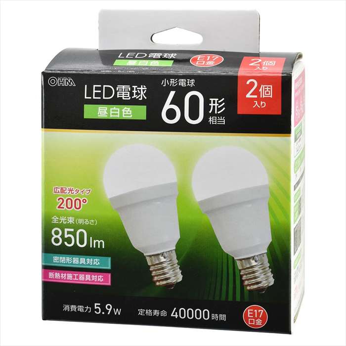 SEARCH WORD：LED電球 小形 LED電球 LED 電球 ライト ランプ 交換用 交換電球 替え 照明 明かり 60形相当 昼白色 850 lm 5.9W E17 Ra83 広配光200° 密閉形器具対応 断熱材施工器具対応 2個入 商品概要：全光束850ルーメン、小形電球60形相当の明るさ。光の広がり約200°の広配光タイプ。密閉形器具対応。断熱材施工器具対応。省エネ法2027年度目標基準達成。E17口金。昼白色。5年保証対象商品。2個入り。商品仕様：■メーカー：OHM■JANコード：4971275654822■商品名：LED電球 小形（60形相当/昼白色/850 lm/5.9W/E17/Ra83/広配光200°/密閉形器具対応/断熱材施工器具対応/2個入）■型番：LDA6N-G-E17 IS53 2P■仕様：■屋内用（屋外使用禁止）交流電源100V 50/60Hz共用■寸法：全長…78mm、最大径38mm■質量：46g■定格消費電力：5.9W■全光束：850 lm■エネルギー消費効率：144.0 lm/W■平均演色評価数：Ra83■定格寿命：40000h【ご注意】※次のような器具には使用できません。・調光機能のついた器具（100%点灯でも使用不可）・誘導灯、非常用照明器具・HIDランプ器具、水銀灯器具・直流電源※このほか使用器具の種類によって寸法的、熱的、その他の状況（リモコン機器のついた器具など）により使用できない場合があります。※ご使用になられる照明器具の構造によっては、放熱不良で短寿命となることがあります。※密閉器具でのご使用の場合、器具の寸法により、使用できない場合や寿命が短くなる場合があります。※製品の仕様は予告なく変更されることがあります。※商品概要、仕様、サービス内容及び企業情報などは商品発表時点のものです。※最新の情報に関しましては、メーカーサイトをご覧ください。※発売前予約商品についてはメーカーの商品製造数により納期が遅れる場合やご注文キャンセルをお願いする場合がございます。