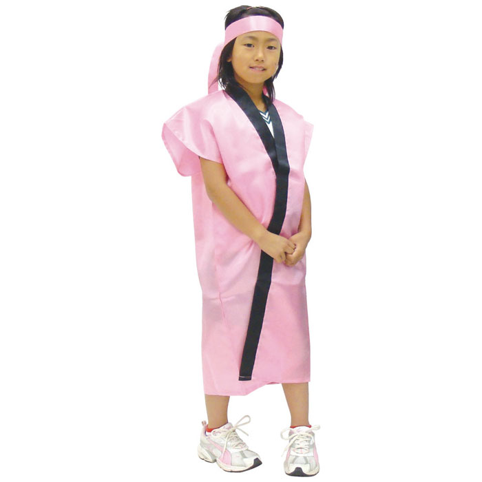 サテンロングハッピ 桃 L ハチマキ付 法被 鉢巻 セット 運動会 体育祭 イベント 衣装 小道具  ...