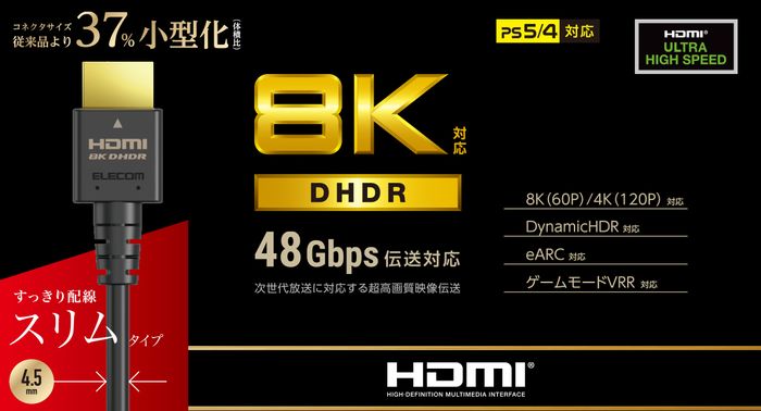 【代引不可】HDMIケーブル イーサネット対応 ウルトラハイスピード スリム 直径4.5...