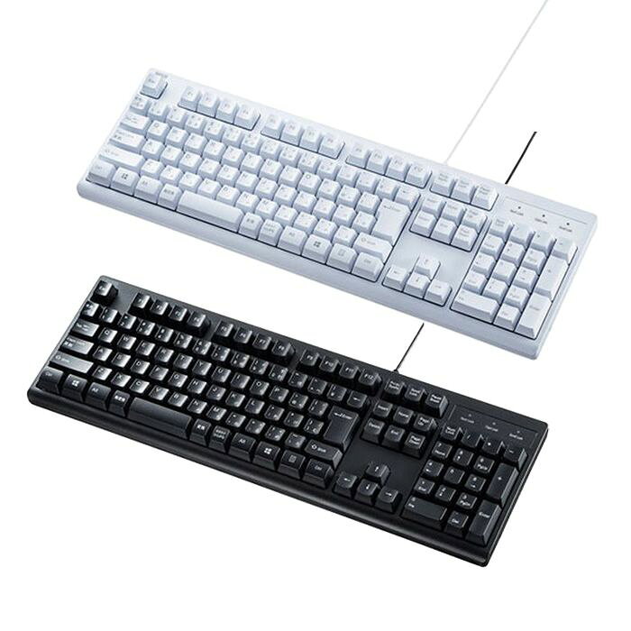 SEARCH WORD：キーボード Keyboard 入力機器 PC パソコン 有線 USB接続 日本語109キーボード 抗菌 防水 防滴 耐水 水 水滴 湿気 防塵 塵 チリ ちり 埃 ホコリ ほこり 砂 メンブレン方式 黒 ブラック black 白 ホワイト white商品概要：使いやすさにこだわった標準日本語配列のスタンダードキーボードです。カラーバリエーションは、ブラック(JAN：4969887698907/品番：SKB-BS6BK)、ホワイト(JAN：4969887698914/品番：SKB-BS6W)です。キーボードの材質に抗菌剤を練り込んだJIS Z2801準拠の抗菌仕様です。抗菌作用で大腸菌や黄色ブドウ球菌の繁殖を抑えます。IP55をクリアした防水防塵設計でキーボードの丸洗いが可能です。文字の耐久性に優れたレーザー印刷を採用しています。文字キーのキートップには19mmピッチのキートップを採用しています。打鍵回数1000万回をクリアした高耐久設計です。接続するだけですぐに使用できるドライバ不要のUSB接続タイプです。※JIS Z 2801「抗菌加工製品－抗菌性試験方法・抗菌効果」に基づく抗菌性試験をクリアした製品です。商品仕様：■メーカー：サンワサプライ■JANコード：4969887698907■商品名：有線キーボード USB接続タイプ 日本語109キーボード 抗菌防水防塵タイプ メンブレン方式■型番：SKB-BS6■対応機種：Windows搭載（DOS/V）パソコン■対応OS：Windows 10・8.1・8・7 ※その他対応詳細はサンワサプライのホームページにてご確認下さいませ。■キー数：109キー■キーピッチ：19mm■キー配列：日本語109A配列■インターフェース：USB■コネクタ形状：USB Aコネクタ■キーストローク：4.0±0.5mm■動作力：55±15g■キースイッチ：メンブレン■消費電流：100mA以下■サイズ：W441×D143×H35mm■重量：660g■ケーブル長：約1.5m■セット内容：本体、取扱説明書、保証書■使用上のご注意：※消毒を行う場合は消毒液を直接製品にかけず、マイクロファイバーの布にをしみこませ、キーボード表面を軽く拭いてください。※本体に水滴が付着したまま放置しないでください。水で濡れた場合は、本体を振るなどして水を取り除き、本体から出た水分を乾いた清潔な布で速やかに拭き取ってください。※本体の防水性能は真水・水道水にのみ対応しており、温水や塩水、洗剤、薬品、汗、コーヒーやジュースなどには対応しておりません。真水・水道水以外の水分（コーヒー・ジュースなど）が付着した場合は、速やかに常温の水道水（やや弱めの流水（6リットル／分以下））で洗い流してください。洗う際にブラシなどは使用せず、手で洗ってください。※耐水圧設計ではありませんので、規定（IP55）を超える強い水流（例えば、蛇口やシャワーから肌に当てて痛みを感じるほどの強さの水流）を当てたり、水中に沈めないでください。※洗濯機や超音波洗浄機などで洗わないでください。※本体が濡れている状態では、絶対に使用しないでください。水が付着したままで使用した場合、故障・発熱などの恐れがあります。※ケーブルのコネクタ部分は防水ではありません。ケーブルのコネクタ部分に水がかからないようにしてください。■カラー：ブラック(JAN：4969887698907/品番：SKB-BS6BK)、ホワイト(JAN：4969887698914/品番：SKB-BS6W)※商品概要、仕様、サービス内容及び企業情報などは商品発表時点のものです。※最新の情報に関しましては、メーカーサイトをご覧ください。※発売前予約商品についてはメーカーの商品製造数により納期が遅れる場合やご注文キャンセルをお願いする場合がございます。