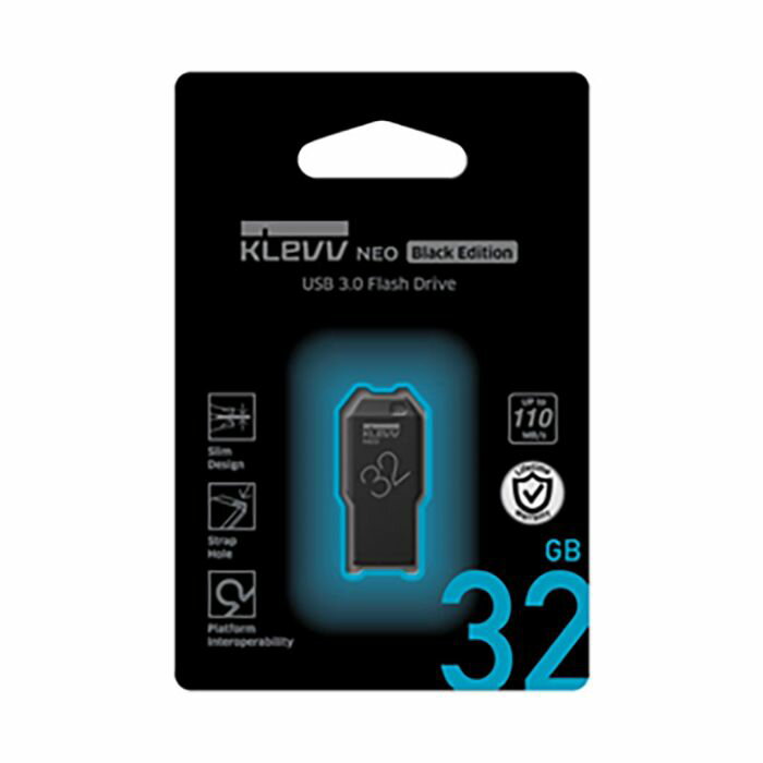USB3.0メモリー NEO Black Edition 32GB KLEVV 110MB/s Windows/Mac/USBマスストレージクラス対応 ストラップホール付 グリーンハウス U032GUR3-NE
