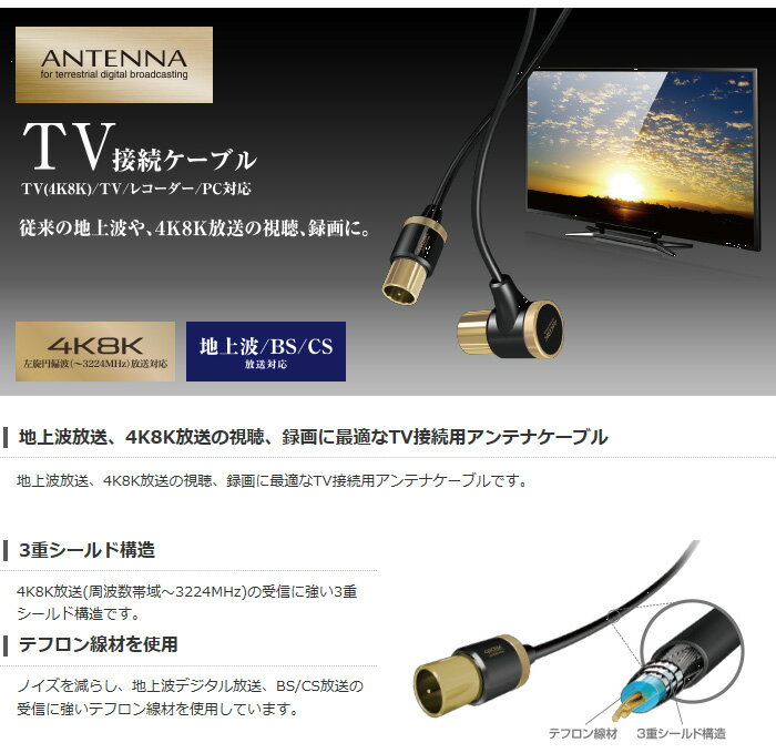 【代引不可】TV接続用アンテナケーブル 従来の地上波放送、4K8K放送の視聴、録画に...