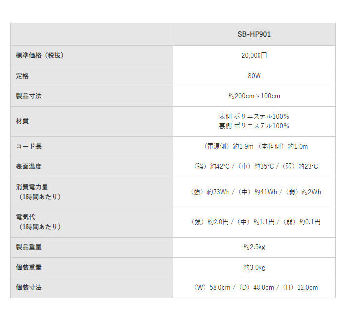 あったかパーソナルマット アイボリー 80W 約200cm×100cm シングルサイズ 電気カーペット 電気敷き毛布 電気敷きパッド sugibo SB-HP901-IV