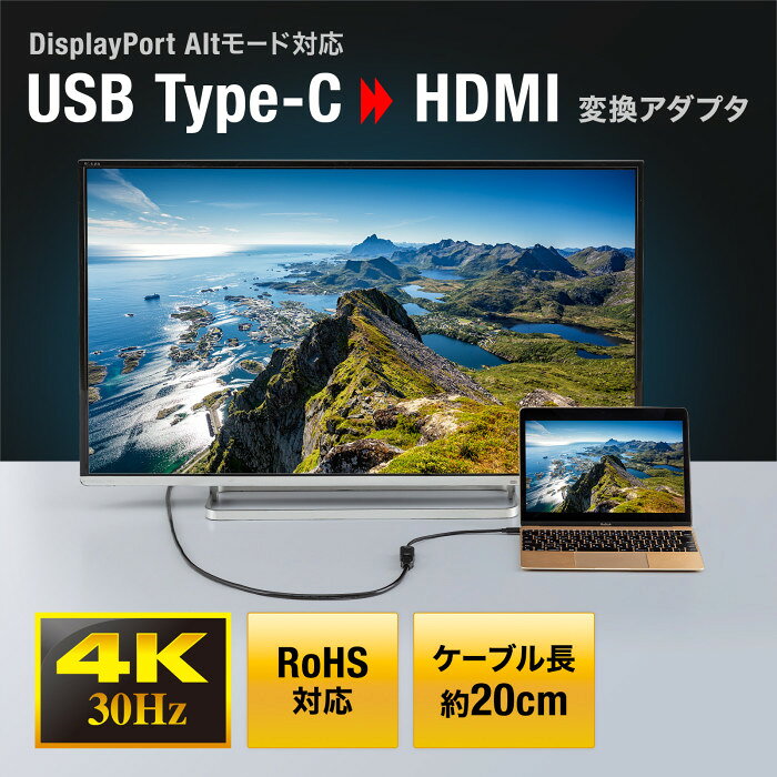 【代引不可】USB Type C-HDMI変換アダプタ(4K/30Hz) DisplayPort Altmode対応 AV機...