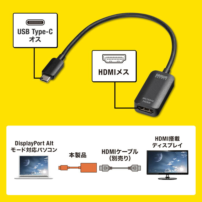 【代引不可】USB Type C-HDMI変換アダプタ(4K/30Hz) DisplayPort Altmode対応 AV機...