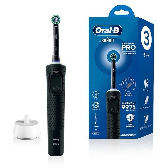 SEARCH WORD：BRAUN 電動歯ブラシ 日用品 電動 充電式 ブラウン エチケット デンタルケア 虫歯予防 歯垢除去 プレゼント ギフト 贈り物商品概要：すみずみクリーンPROマルチアクションは、手軽に歯垢除去を実現する電動歯ブラシ入門モデルです。歯科クリーニング器具から着想を得た丸型ブラシが、歯の1本1本を包み込んで歯垢を除去します。たった2分で得られるツルツルの磨き上がりを気軽にお試しください。●マルチアクションブラシ付。16度に傾いた毛先で、歯ぐきのキワまでしっかりと歯垢を除去。●毎分7,600回の左右反転運動で、手磨きの約2倍の歯垢除去力を発揮。●超やわらかクリーンモードを追加搭載。驚くほど歯ぐきに優しい。商品仕様：■メーカー：ブラウン■JANコード：4210201438373■商品名：BRAUN オーラルB すみずみクリーンPRO マルチアクション 電動歯ブラシ ブラック■型番：D1034133BK■カラー：ブラック■本体サイズ：182×32×32mm■本体質量：104g■電源方式：充電式■充電時間：22時間■ご注意：商品画像はイメージです。色の濃淡は現物と異なる場合がございます。商品の色、配色、デザイン、仕様などは予告なく変更となる場合がございます。ご了承下さい。※商品概要、仕様、サービス内容及び企業情報などは商品発表時点のものです。※最新の情報に関しましては、メーカーサイトをご覧ください。※発売前予約商品についてはメーカーの商品製造数により納期が遅れる場合やご注文キャンセルをお願いする場合がございます。