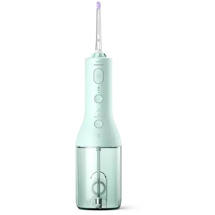 SEARCH WORD：PHILIPS パワーフロッサー 口腔洗浄器 歯ブラシ デンタルケア 虫歯予防 エチケット 歯 身だしなみ 歯磨き家電 電化製品 PHILIPS Sonicare商品概要：X（エックス）型水流で歯間の食べかす・汚れもスッキリ爽快！手軽に使えてお手入れしやすいコードレスモデル。 ■X型の4方向に広がる水流が歯間や歯と歯ぐきの間の汚れをしっかり除去。簡単に早く洗浄できます。 ■一定間隔で水圧の強弱が変化し、短い一時停止時間が挟まれるので、その間に次の歯間ノズルを移動させることができます。（ディープクリーンモードのみ） ■クリーンモード（標準水圧）とディープクリーンモード（一定間隔で強弱をつけた水流・歯間移動ガイドあり）の2つからモードを選べます。また、強さも3段階からお好みで選べます。 ■USB充電ケーブルを使用して簡単に充電。満充電で約3週間ご使用いただけます。（1日1回1分間使用した場合） ■給水しやすい約250mlタンク。商品仕様：■メーカー：フィリップス■JANコード：8720689011167■商品名：ソニッケアー sonicare コードレスパワーフロッサー 口腔洗浄器■型番：HX3826/34■カラー：ミント■電源方式：充電式■電圧：AC100-240V（50/60Hz）海外電圧対応■充電時間（約）：8時間■使用可能時間（約）：3週間（満充電後、1日1回1分間使用した場合）■水タンク容量（約）：250ml■サイズ（約）：幅6.8×奥行6.8×高さ30.6cm■質量（約）：290g■付属品：スタンダードノズル、カドストリームノズル、電源アダプタ、USBケーブル、専用ポーチ■ご注意事項：※掲載写真は表記サイズと異なる場合がございます。※画面上のカラーはご使用ブラウザやモニターの設定により、実物とは若干異なる場合がございます。あらかじめご了承の上、ご注文をお願いいたします。※商品概要、仕様、サービス内容及び企業情報などは商品発表時点のものです。※最新の情報に関しましては、メーカーサイトをご覧ください。※発売前予約商品についてはメーカーの商品製造数により納期が遅れる場合やご注文キャンセルをお願いする場合がございます。