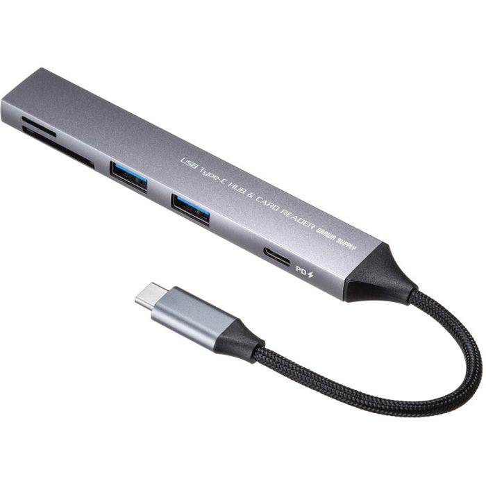 SEARCH WORD：4969887596159 サンワサプライ USB 5Gbps 3ポート スリム ハブ（カードリーダー付き） USB-5TCPC28GM ペリフェラル カードリーダー 商品概要：USB Type-CコネクタにUSB A、Type-C合わせて機器を3台接続する超スリムPD対応USBハブ。SD/microSDカードリーダー付き。断線に強いメッシュケーブル。商品仕様：■メーカー：サンワサプライ■JANコード：4969887596159■商品名：USB 5Gbps 3ポート スリム ハブ（カードリーダー付き）■型番：USB-5TCPC28GM■特徴：●超スリムで持ち運びに便利なUSB5Gbps3ポートのUSBハブ（カードリーダー付き）です。●断線に強いメッシュケーブルタイプです。●高級感のあるアルミボディです。●USBPD対応でUSBType-Cポートを使ってパソコンを充電することができます。※PD対応パソコンである必要があります。●USBAポートが2個、Type-Cポートが1個ついており合計3台のUSB機器を接続することができます。●Type-Cコネクタ搭載で、Type-Cポートを搭載したパソコンなどで使用できます。●スーパースピードモード（5Gbps・規格値）に対応しています。●コンパクトで持ち運びに便利なサイズです。■仕様：【PC接続端子】◯コネクタ形状:USBType-C◯対応規格:USB5Gbps(USB3.2Gen1/3.1Gen1/3.0)準拠※USB5GbpsはUSB-IF(USBImplementersForum)によりUSB3.2/3.1/3.0が名称変更されたもので同じ規格です。◯ケーブルタイプ:ケーブル一体型【USBポート】◯ポート数:3ポート◯最大データ転送速度(理論値):5Gbps◯USBType-Cメス/USB2.0:1ポート◯USBAメス/USB5Gbps:2ポート【カードリーダー】◯スロット:SDメモリカード,microSDカード◯対応メディア規格:SDXC,microSDXC◯最大対応メディア(SDカード):1000GB◯最大対応メディア(microSDカード):1000GB【電源】◯電源供給方式:バスパワー/セルフパワー(電源接続時)【共通仕様】◯ACアダプタ:付属なし【電源】◯USBPD入力ポート:あり◯USBPD最大入力:90W※ご使用のパソコンやPD電源アダプターによってはパソコンに添付の電源アダプターの使用を推奨する警告が表示されることがありますが、使用上問題ありません。◯本体消費電力:10W【共通仕様】◯対応OSWindows:11,10◯対応OSmac:macOS(Sequoia)15、macOS(Sonoma)14、macOS(Ventura)13、macOS(Monterey)12、macOS(BigSur)11◯対応OSAndroid:Android11～15◯対応OSiOS:iOS17・18◯対応OSiPadOS:iPadOS17・18◯対応OSChromeOS:ChromeOS◯対応機種:Windows搭載(DOS/V)パソコン、AppleMacシリーズ、iPad、ChromeOS搭載パソコン※USBポート（Type-Cメス）を持ち、パソコン本体メーカーがUSBポートの動作を保証している機種。※USB5Gbps（USB3.2Gen1）の環境で動作させるためにはパソコン本体にUSB5Gbps（USB3.2Gen1）ポートが必要です。※USBType-C接続のモニターには対応していません。※パソコン・USB機器により対応できないものもあります。※記載の社名及び製品名は、一般に各社の商標または登録商標です。■ご注意：商品画像はイメージです。色の濃淡は現物と異なる場合がございます。商品の色、配色、デザイン、仕様などは予告なく変更となる場合がございます。ご了承下さい。※商品概要、仕様、サービス内容及び企業情報などは商品発表時点のものです。※最新の情報に関しましては、メーカーサイトをご覧ください。※発売前予約商品についてはメーカーの商品製造数により納期が遅れる場合やご注文キャンセルをお願いする場合がございます。