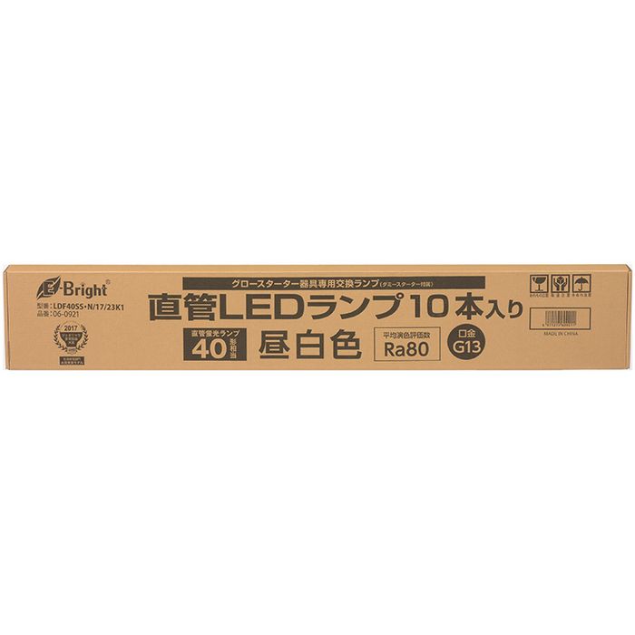 SEARCH WORD：OHM LDF40SS・N 17 23K1 4971275609211 直管形LEDランプ 40形 2300lm G13 昼白色 10本箱入 商品概要：メーカー：オーム｜直管形LEDランプ(40形/2300lm/G13/昼白色/10本箱入)です。商品仕様：■メーカー：OHM■JANコード：4971275609211■商品名：直管形LEDランプ(40形/2300lm/G13/昼白色/10本箱入)■型番：LDF40SS・N/17/23K1■特長・仕様：◯ダミースターターP型付属のグロースタータ器具専用交換ランプ ◯直管蛍光ランプ40W形相当の明るさ ◯10本入り ◯昼白色 ◯口金：G13 ◯【2017年ジェネリック家電製品大賞】≪「生活家電」部門≫大賞受賞モデル ◯片側給電仕様 ◯直管LEDランプ5年保証対象品仕様 □寸法：全長…1198mm外径…28mm □質量：302g □定格消費電力：17.5W □定格入力電流：100V…0.288A、200V…0.154A □全光束：2300lm □平均演色評価数：Ra80 □定格寿命：40000h※屋内、屋外（防雨型器具と雨水がかからない場所のみ）兼用※交流電流100V50/60Hz≪ご注意≫※次のような器具には使用できません・調光機能のついた器具（100%点灯でも使用不可）・誘導灯・非常用照明器具・直流電源※このほか使用器具の種類によって寸法的、熱的、その他の状況（リモコン機器のついた器具など）により使用できない場合があります※ご使用になられる照明器具の構造によっては、放熱不良で短寿命となることがあります※密閉器具でのご使用の場合、器具の寸法の大きさにより、使用できない場合や寿命が短くなる場合があります≪使用上のご注意≫・専用器具及び銅鉄安定器のグロースタータ器具のみ直接使用可能ですチラツキが発生した場合、あるいはラピットスタータ器具、インバータ器具、電子スタート方式器具の場合には直接使用することができません使用する場合は必ず工事店、電気店等の有資格者に依頼してください、一般の方の電気工事は禁止されています・人感スイッチなど自動点滅装置や遅れ停止スイッチなどには使用できない場合があります・交流100V/200V、周波数50/60Hz以外の電源では使用しないでください・ランプ周囲温度が5℃～40℃の範囲で使用してください・ラジオやテレビなどの音響および映像機器の近くで点灯すると、雑音が入ることがあります（雑音が入る時は、ランプから1m以上離してご使用ください）・赤外線リモコンを採用した機器（テレビやエアコンなど）の近くで点灯すると、機器が誤作動することがあります・水洗いや分解・改造はしないでください・ランプを長く直視しないでください、目に悪影響を及ぼすおそれがあります・使用済みのランプは各自治体のルールに従い割らずに廃棄してください■ご注意事項：※ 掲載写真は表記サイズと異なる場合がございます。※ 画面上のカラーはご使用ブラウザやモニターの設定により、実物とは若干異なる場合がございます。あらかじめご了承の上、ご注文をお願いいたします。※商品概要、仕様、サービス内容及び企業情報などは商品発表時点のものです。※最新の情報に関しましては、メーカーサイトをご覧ください。※発売前予約商品についてはメーカーの商品製造数により納期が遅れる場合やご注文キャンセルをお願いする場合がございます。
