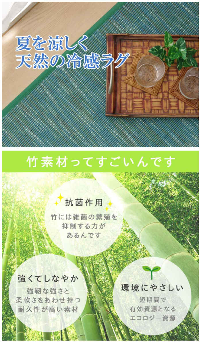 【沖縄・離島配送不可】【代引不可】竹 バンブー ラグ カーペット 正方形 約190×190cm 天然素材 抗菌 耐久性 ひんやり 冷感 中材に5mmウレタン使用 裏面不織布 無地 シンプル モダン DXフォース 夏用 IKEHIKO DFS190190 [3]