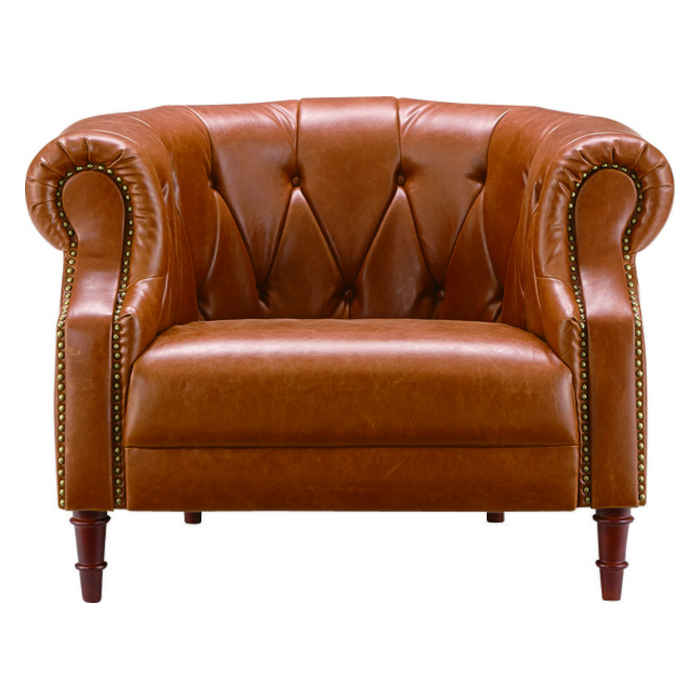 【北海道・沖縄・離島配送不可】【代引不可】ソファ 一人掛け 1人掛け 1P W103×D87×H72×SH40cm 肘掛け アーム付き ソフトレザー ボタン留め 鋲打ち アンティーク風 ヴィンテージ風 クイーンズ 東谷 GS-239LBR(3)