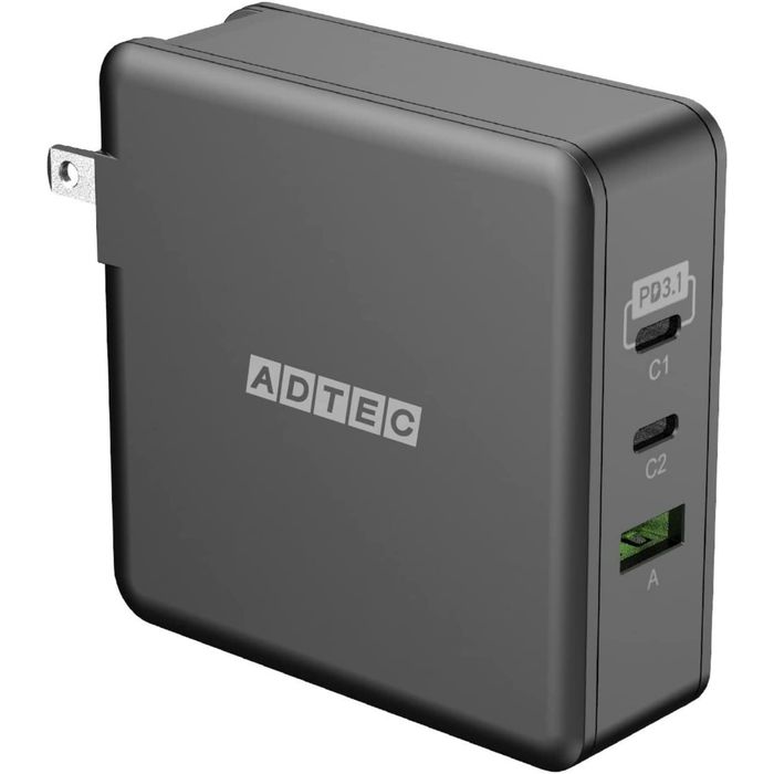 USB充電器 PowerDelivery3.1対応 充電器 ブラック GaN(窒化ガリウム)採用 急速充電器 最大140W（28V/5A) Type-C x2, Type-A x1ポート ブラック ADTEC APD-V140AC2-BK