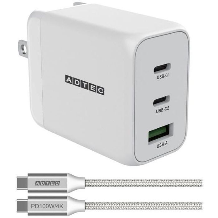 AC充電器 Power Delivery対応 GaN 65W USB Type-A 1ポート Type-C 2ポート ホワイト & Type-C to Cケーブルセット ADTEC APD-V065AC2-wC-WH