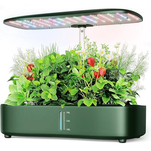 水耕栽培キット、LED 植物成長ライト付き屋内水耕栽培キット、3 つの栽培モードを備えた植物成長苗床キットは、12 種類の植物を同時に栽培でき、高さ調整ランプシェードもあり、自動水循環システムとタイミング機能も装備 (濃い緑色)