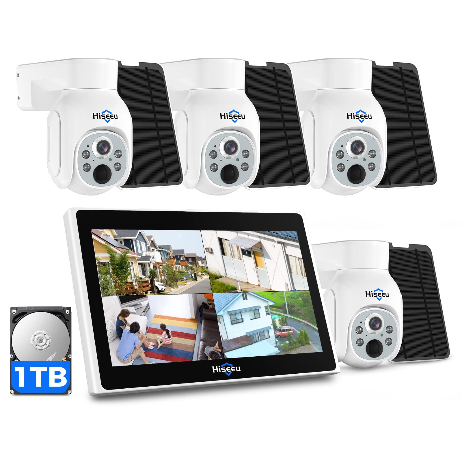 【400万画素・電源不要】Hiseeu ソーラーパネルカメラ セット 10インチLCD液晶モニタ一体型NVR 8000mAh 遠隔監視 防水等級ip65 AI動体検知 屋内/屋外 セキュリティ 防犯カメラ 常時録画可能 2.4gのルーターに対応可能 (40